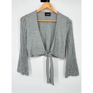 Y2K Vintage Hot Shot Grey Cardigan Tie Sweater Shrug Crochet Bell Sleeve Women M